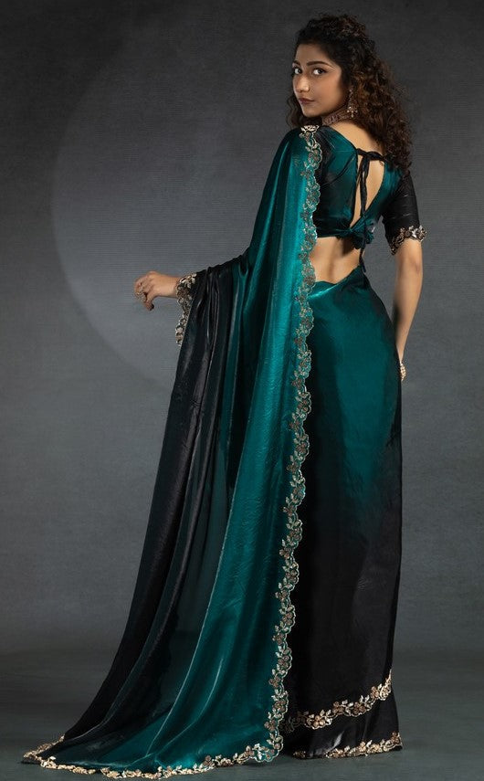 Ideal Teal Color Satin Fabric Designer Saree