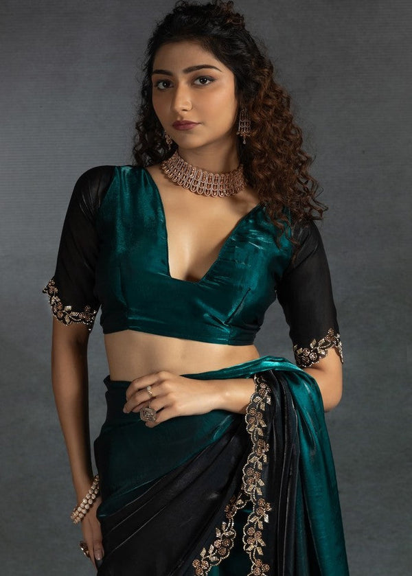 Ideal Teal Color Satin Fabric Designer Saree