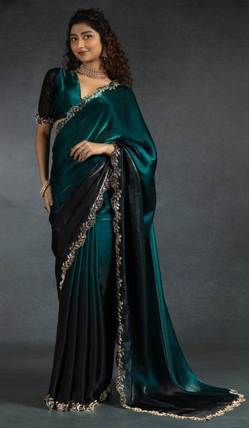 Ideal Teal Color Satin Fabric Designer Saree