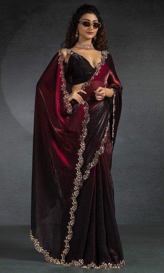 Ideal Maroon Color Satin Fabric Designer Saree