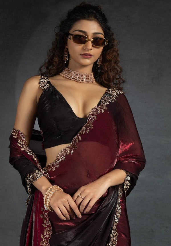 Ideal Maroon Color Satin Fabric Designer Saree
