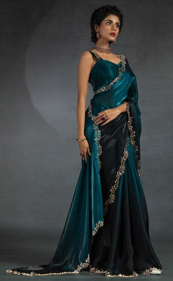 Ideal Teal Color Satin Fabric Designer Saree
