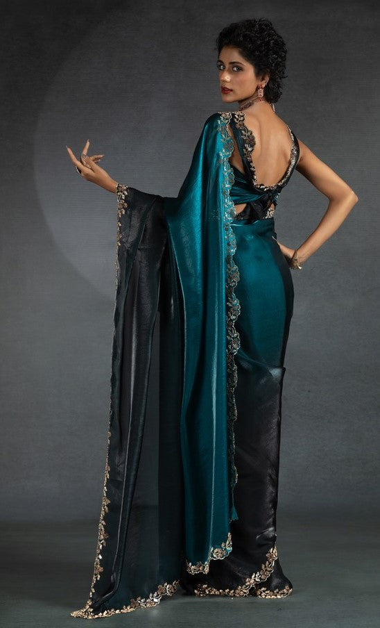 Ideal Teal Color Satin Fabric Designer Saree