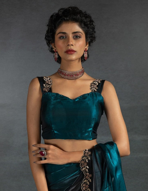 Ideal Teal Color Satin Fabric Designer Saree