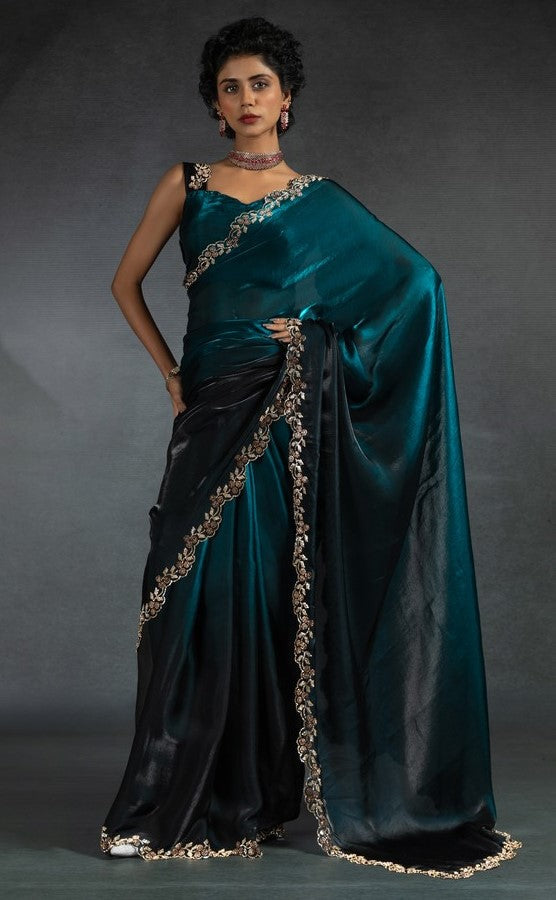 Ideal Teal Color Satin Fabric Designer Saree