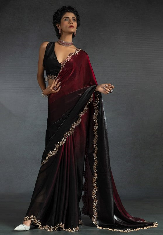 Ideal Red Color Satin Fabric Designer Saree