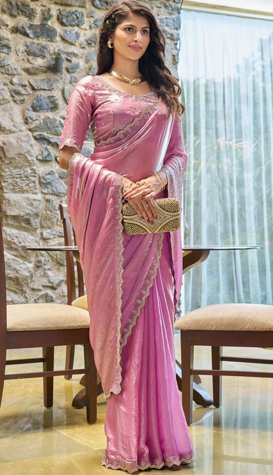 Lovely Pink Color Silk Fabric Designer Saree