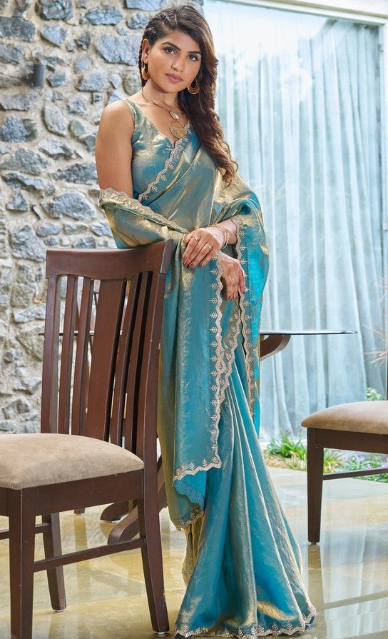 Lovely Turquoise Color Silk Fabric Designer Saree