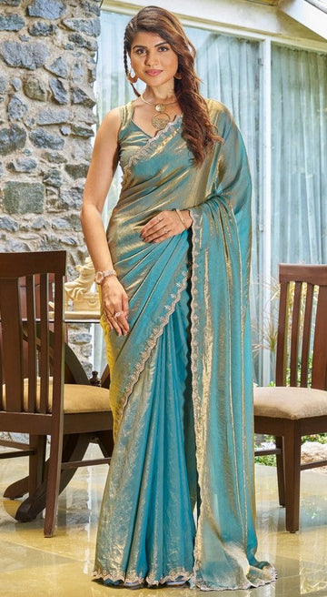 Lovely Turquoise Color Silk Fabric Designer Saree