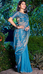 Striking Turquoise Color Silk Fabric Partywear Saree