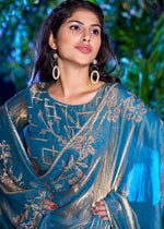 Striking Turquoise Color Silk Fabric Partywear Saree