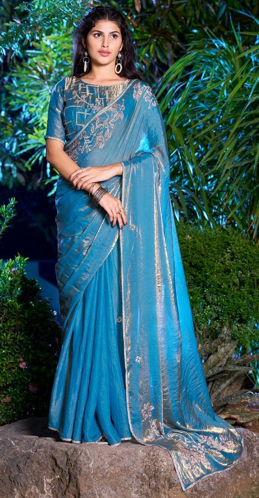 Striking Turquoise Color Silk Fabric Partywear Saree