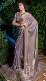 Striking Grey Color Silk Fabric Partywear Saree