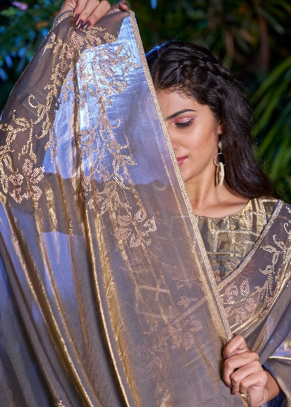 Striking Grey Color Silk Fabric Partywear Saree