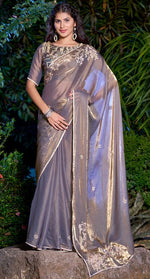 Striking Grey Color Silk Fabric Partywear Saree