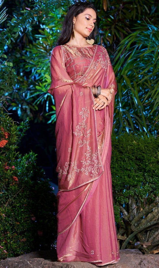 Striking Peach Color Silk Fabric Partywear Saree