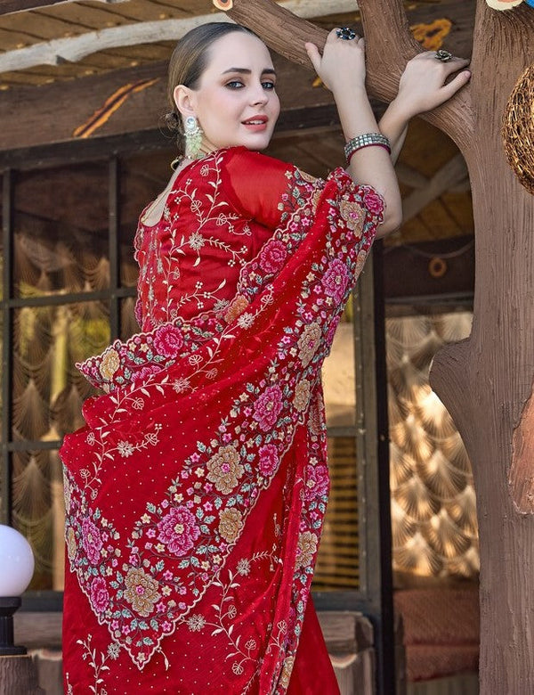 Amazing Red Color Silk Fabric Partywear Saree