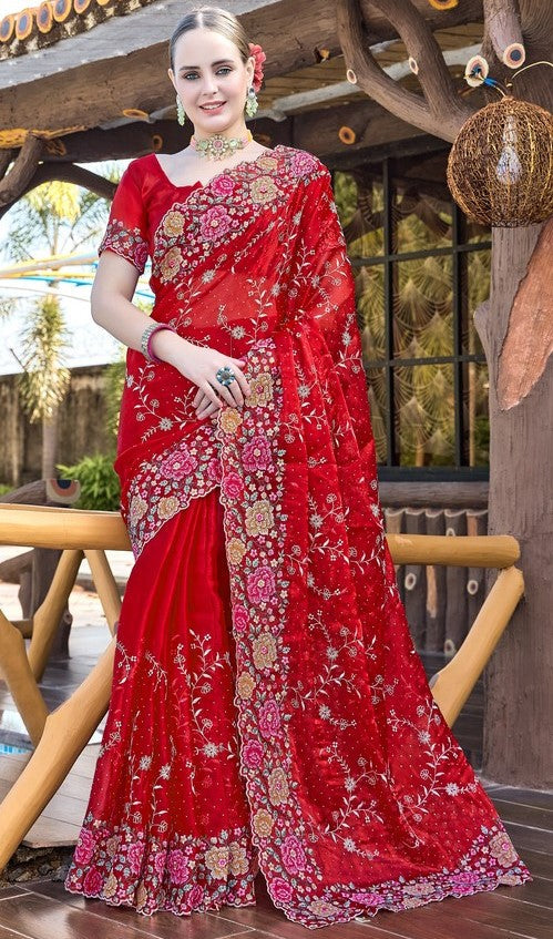 Amazing Red Color Silk Fabric Partywear Saree