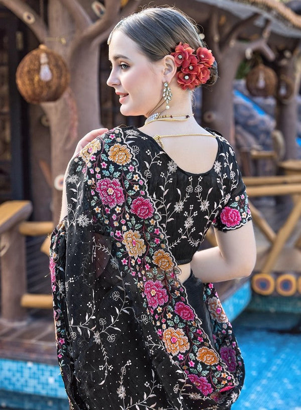 Amazing Black Color Silk Fabric Partywear Saree