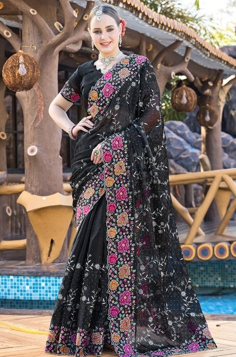 Amazing Black Color Silk Fabric Partywear Saree