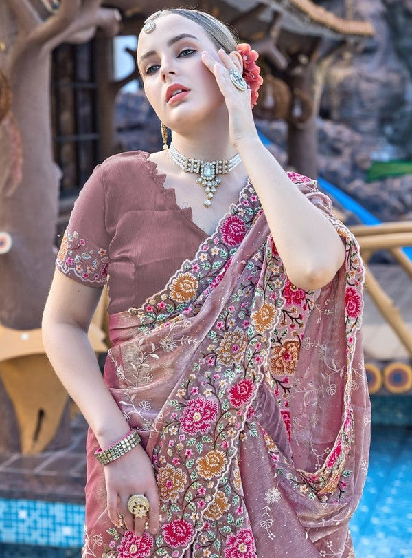 Amazing Brown Color Silk Fabric Partywear Saree