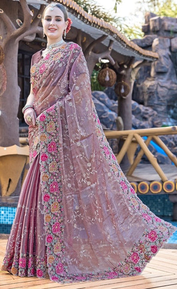 Amazing Brown Color Silk Fabric Partywear Saree