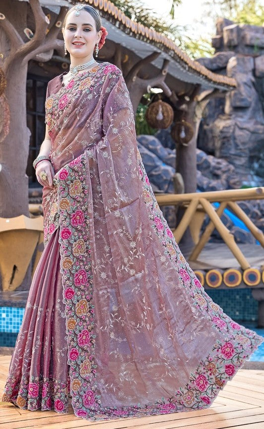 Amazing Brown Color Silk Fabric Partywear Saree