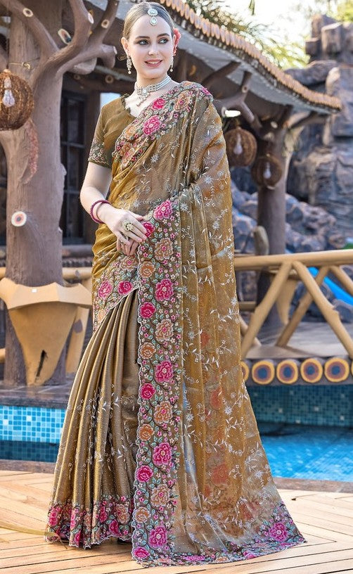 Amazing Golden Color Silk Fabric Partywear Saree