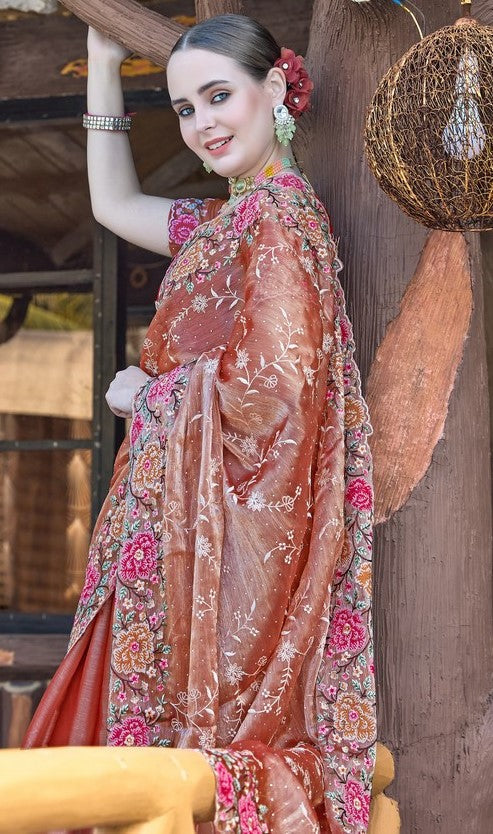 Amazing Peach Color Silk Fabric Partywear Saree