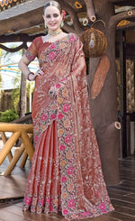 Amazing Peach Color Silk Fabric Partywear Saree