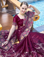 Amazing Wine Color Silk Fabric Partywear Saree