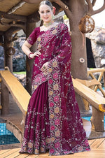 Amazing Wine Color Silk Fabric Partywear Saree