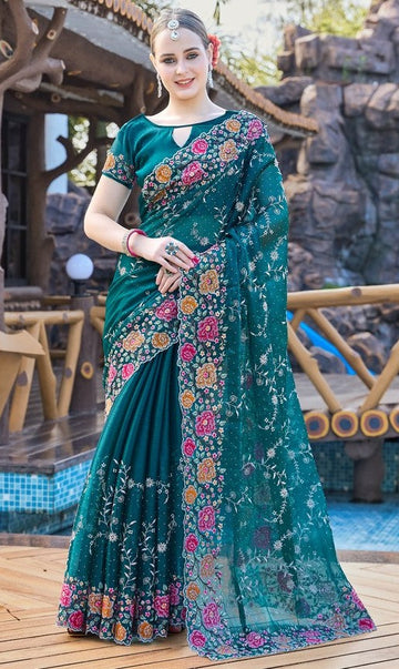 Amazing Green Color Silk Fabric Partywear Saree