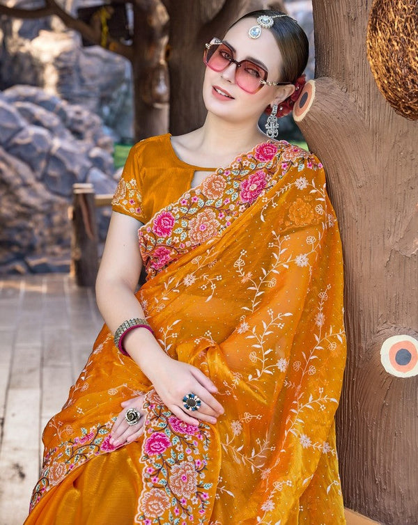 Amazing Mustard Color Silk Fabric Partywear Saree