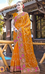 Amazing Mustard Color Silk Fabric Partywear Saree
