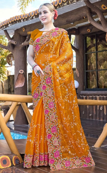 Amazing Mustard Color Silk Fabric Partywear Saree