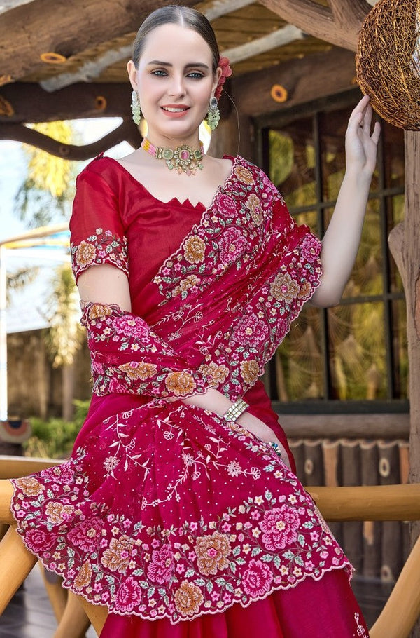 Amazing Red Color Silk Fabric Partywear Saree