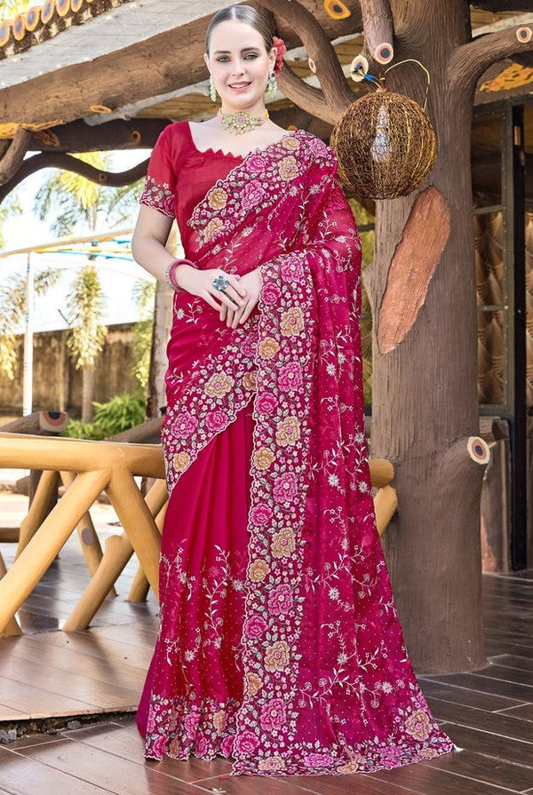 Amazing Red Color Silk Fabric Partywear Saree