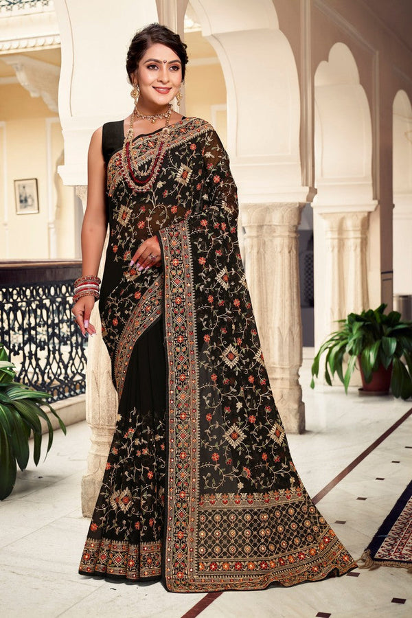 Superb Black Color Georgette Fabric Partywear Saree