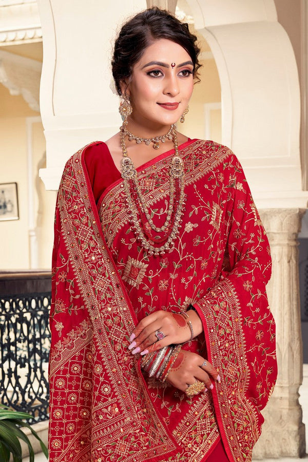 Superb Red Color Georgette Fabric Partywear Saree