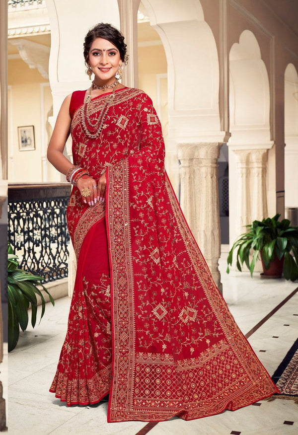 Superb Red Color Georgette Fabric Partywear Saree