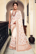 Superb Cream Color Georgette Fabric Partywear Saree