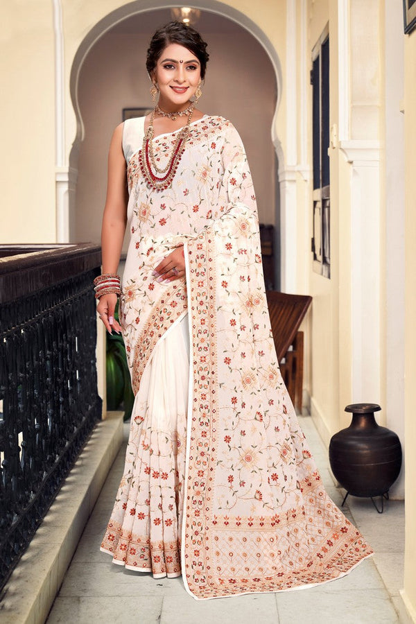 Superb Cream Color Georgette Fabric Partywear Saree