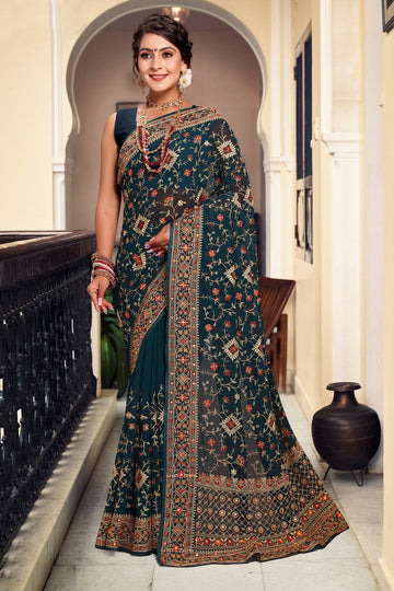Superb Teal Color Georgette Fabric Partywear Saree