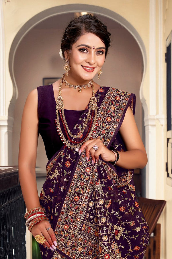 Superb Purple Color Georgette Fabric Partywear Saree