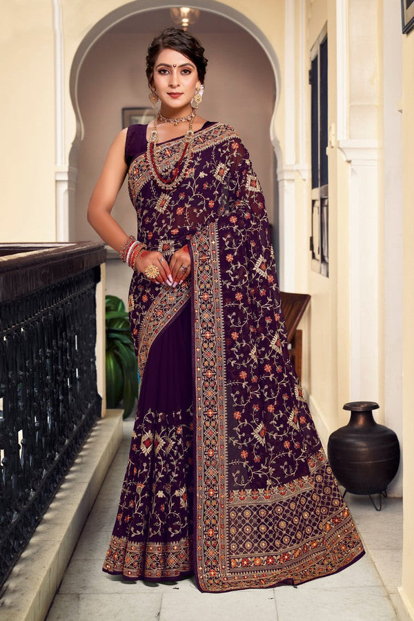 Superb Purple Color Georgette Fabric Partywear Saree