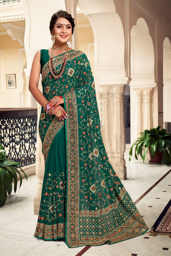 Superb Teal Color Georgette Fabric Partywear Saree