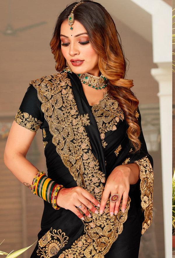 Beauteous Black Color Satin Fabric Partywear Saree