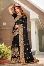 Beauteous Black Color Satin Fabric Partywear Saree