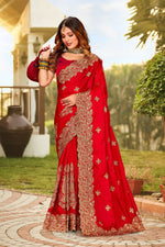 Beauteous Red Color Satin Fabric Partywear Saree
